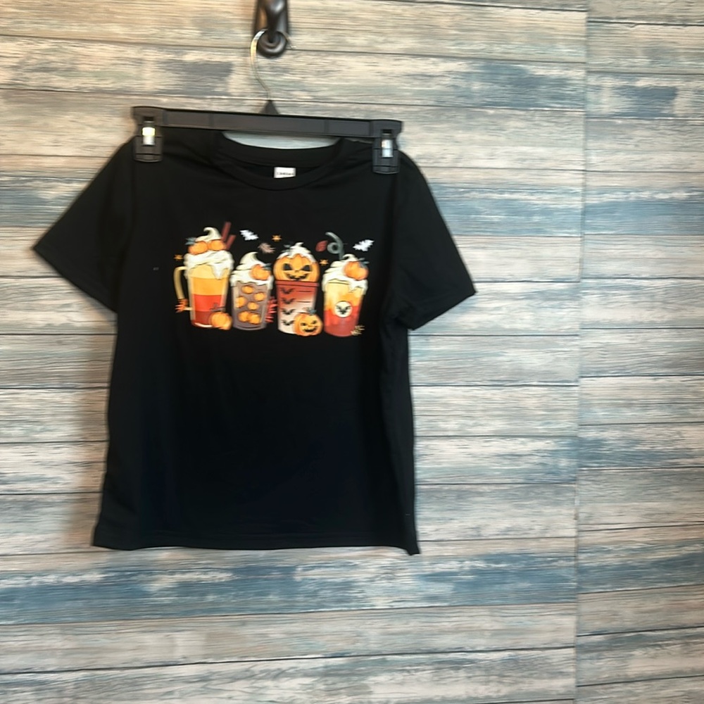 Black and orange Halloween girls T with lattes and coffee